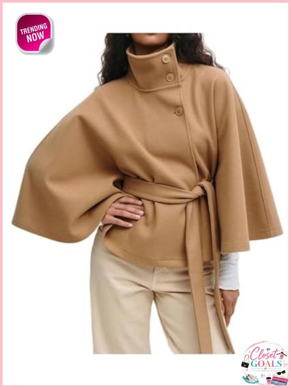 Women's Batwing Sleeve Poncho Coat Winter Cape Jacket Wool Blend Cropped Pea